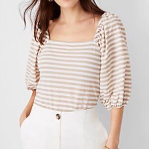 Ann Taylor Striped Smoked back square neck Tan & White Balloon Sleeve Top Sz L